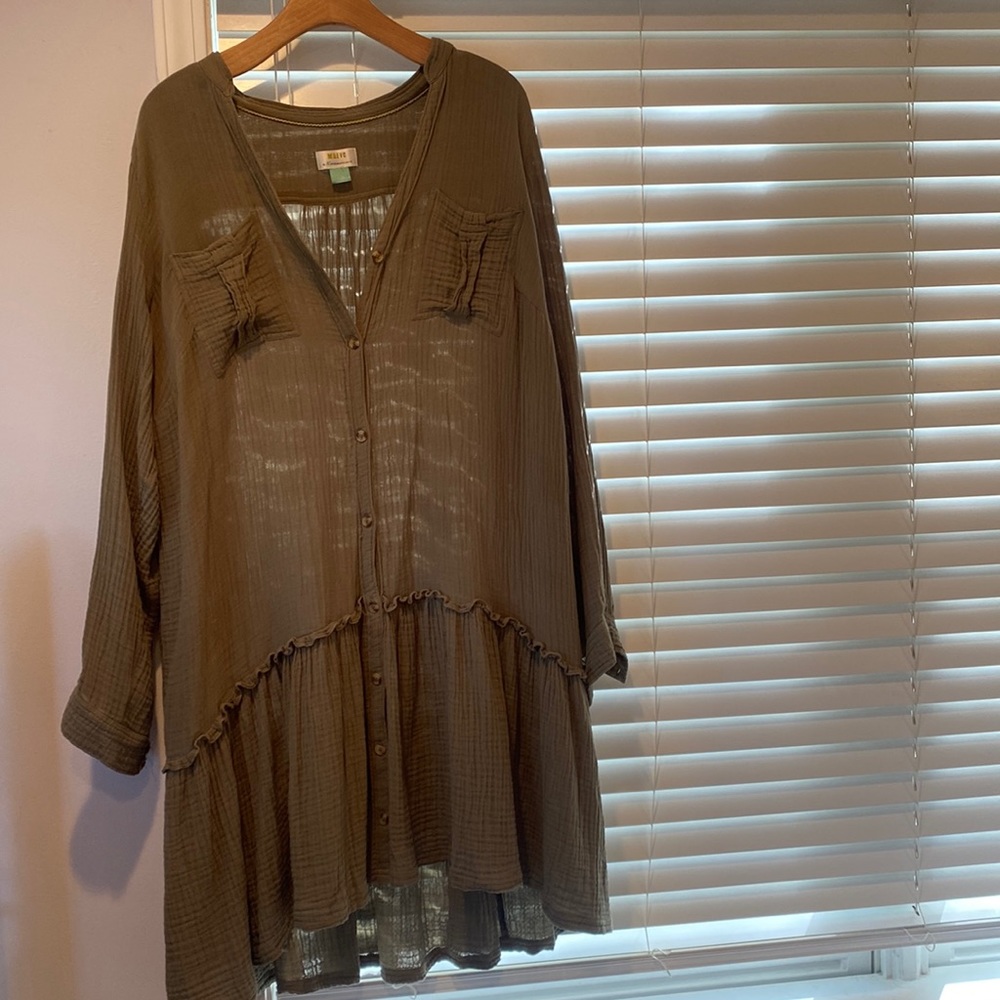 ANTHROPOLOGIE Green Linen Drop Waist Dress - Lightly Worn
